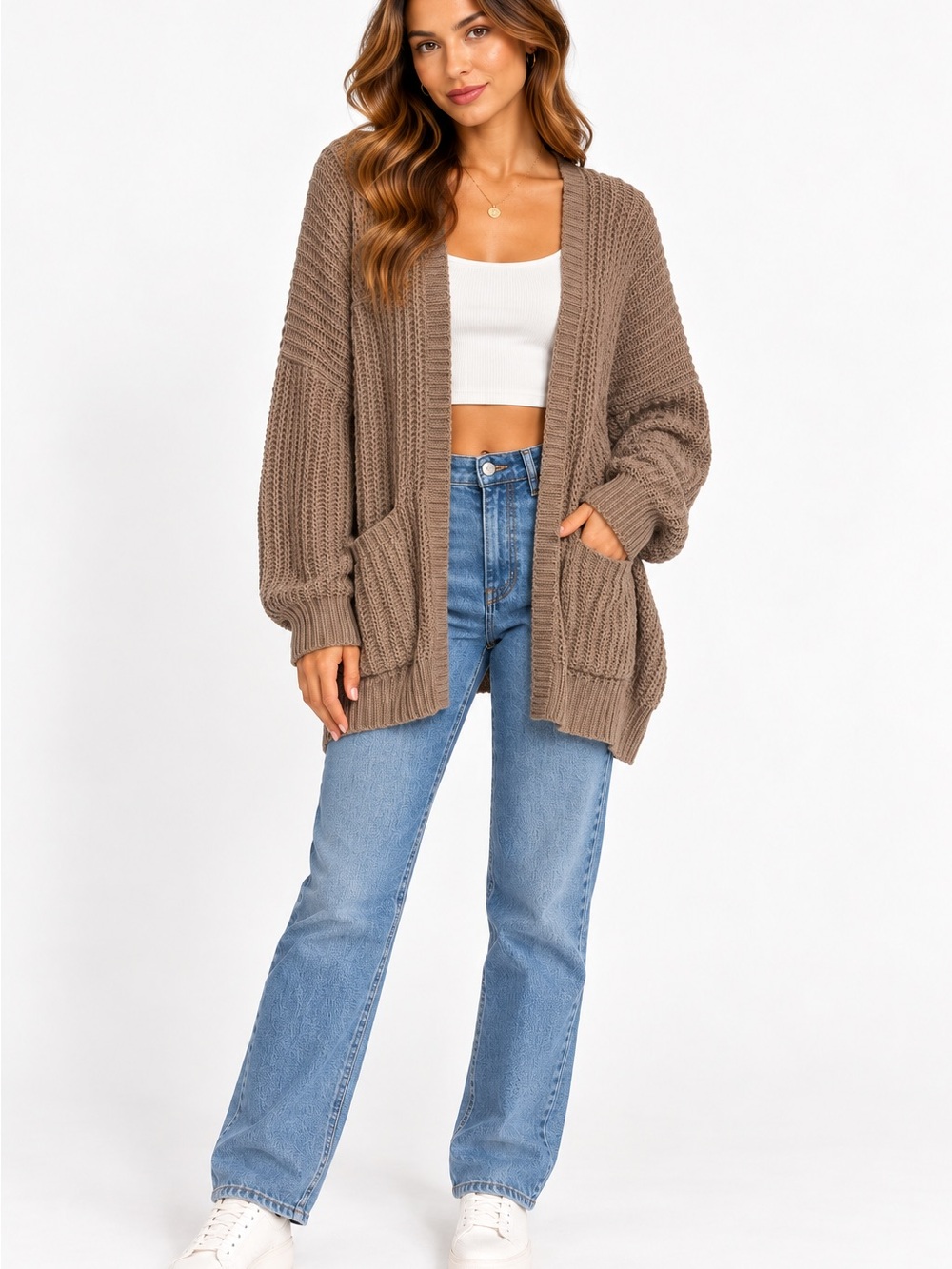 American Eagle Oversized Open Knit Cardigan Taupe Brown XL